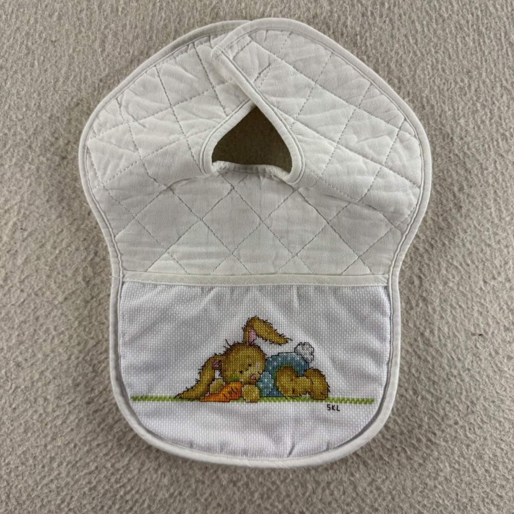 Unbranded Quilted Bib Baby OS White Excellent Cross Stitch Bunny Carrot Handmade